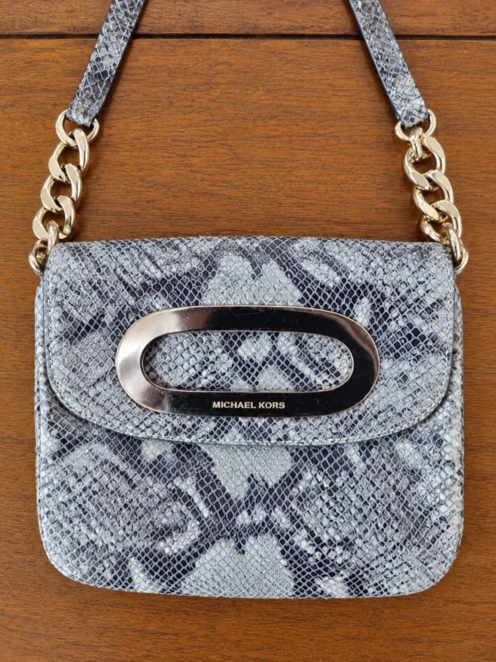 Michael Kors Gray Snakeskin Print Small Crossbody Shoulder Bag Gold Chain
